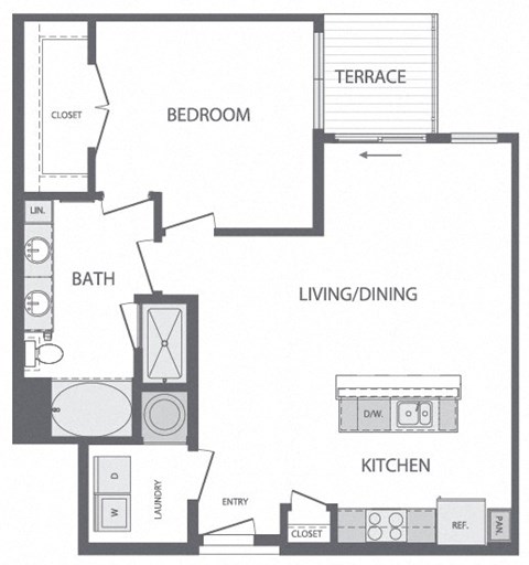 Floor plan for 1 bed, 1 bath, 906 sqft