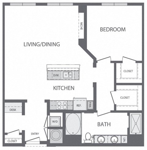 Floor plan for 1 bed, 1 bath, 1038 sqft