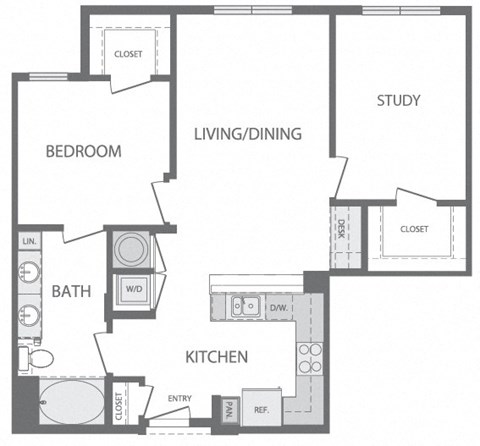 Floor plan for 2 beds, 1 bath, 950 sqft