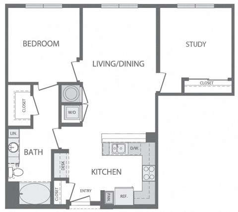 Floor plan for 2 beds, 1 bath, 992 sqft