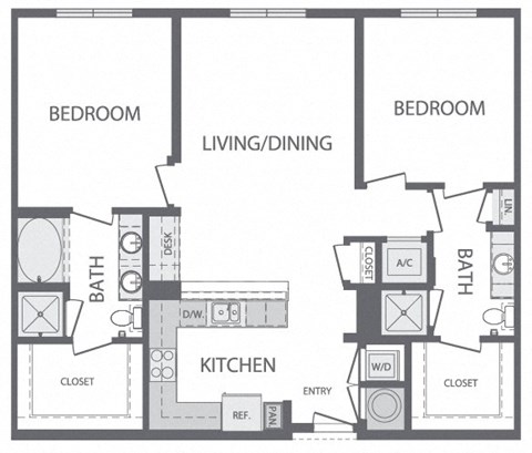 Floor plan for 2 beds, 2 baths, 1249 sqft