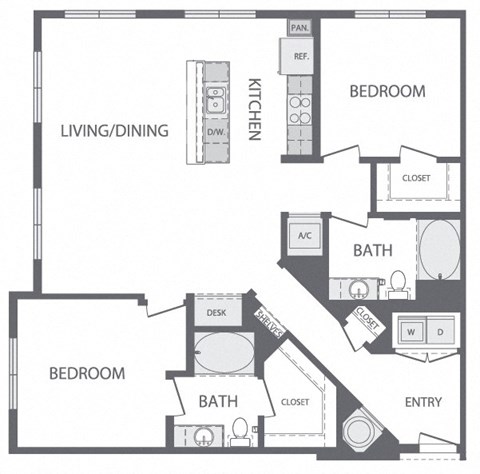 Floor plan for 2 beds, 2 baths, 1299 sqft
