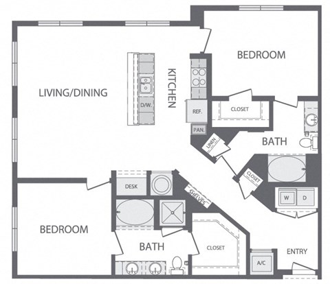 Floor plan for 2 beds, 2 baths, 1365 sqft