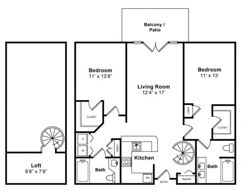 Floor plan for 2 beds, 2 baths, 1234 sqft