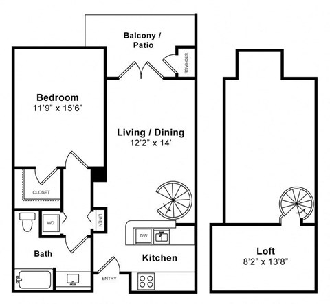 Floor plan for 1 bed, 1 bath, 895 sqft