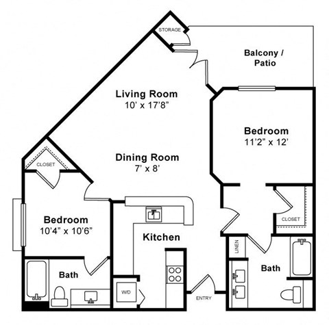 Floor plan for 2 beds, 2 baths, 996 sqft