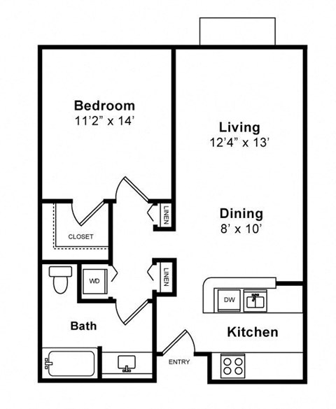 Floor plan for 1 bed, 1 bath, 775 sqft
