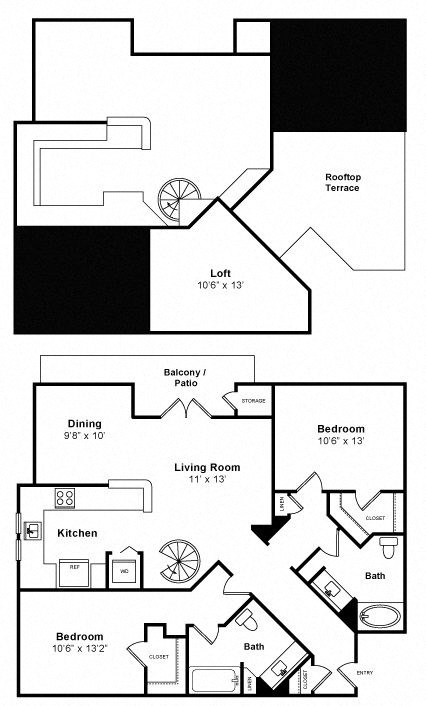 Floor plan for 2 beds, 2 baths, 1363 sqft
