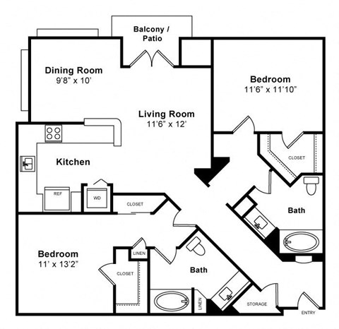 Floor plan for 2 beds, 2 baths, 1210 sqft