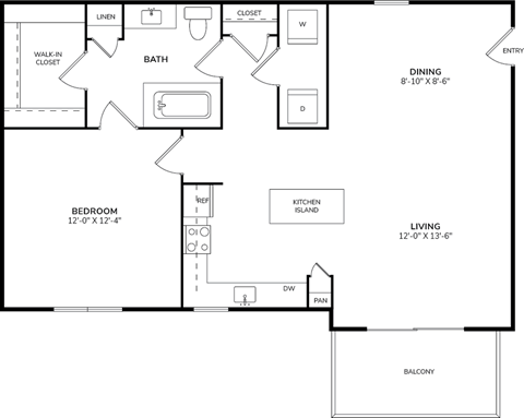 Floor plan for 1 bed, 1 bath, 759 sqft