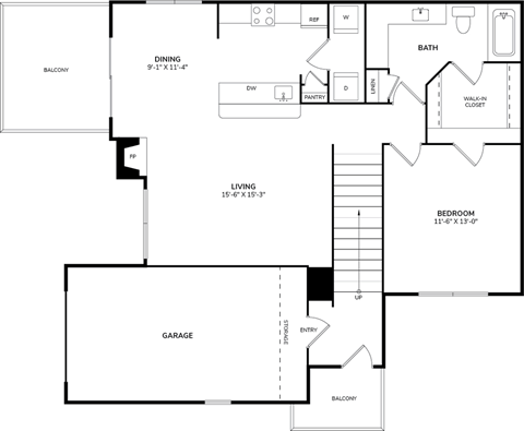 Floor plan for 1 bed, 1 bath, 783 sqft