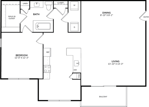 Floor plan for 1 bed, 1 bath, 822 sqft