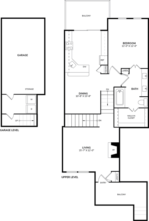 Floor plan for 1 bed, 1 bath, 909 sqft