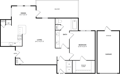 Floor plan for 1 bed, 1 bath, 909 sqft