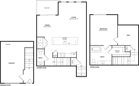 Floor plan for 1 bed, 1 bath, 938 sqft