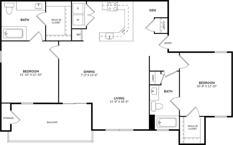 Floor plan for 2 beds, 2 baths, 1132 sqft