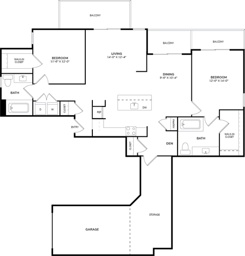 Floor plan for 2 beds, 2 baths, 1299 sqft