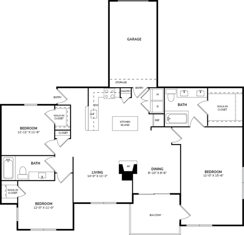 Floor plan for 3 beds, 2 baths, 1524 sqft
