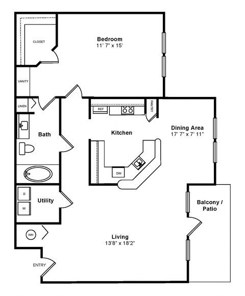 Floor plan for 1 bed, 1 bath, 978 sqft