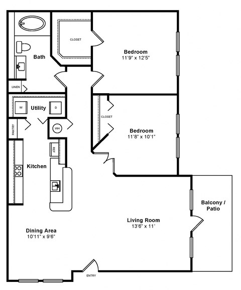 Floor plan for 2 beds, 1 bath, 1072 sqft