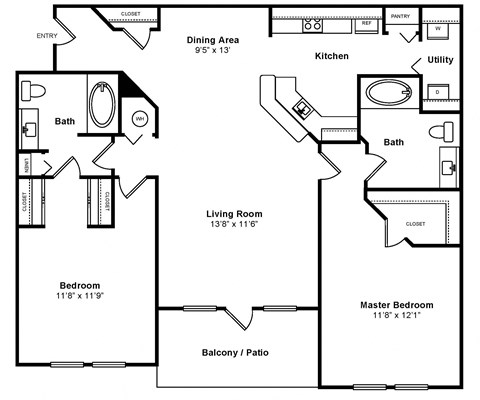 Floor plan for 2 beds, 2 baths, 1165 sqft
