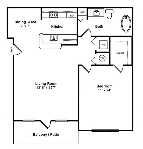 Floor plan for 1 bed, 1 bath, 709 sqft