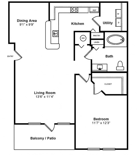 Floor plan for 1 bed, 1 bath, 846 sqft
