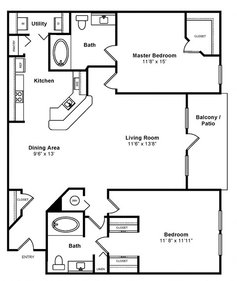 Floor plan for 2 beds, 2 baths, 1165 sqft
