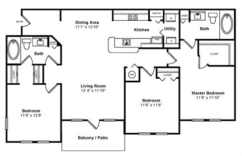 Floor plan for 3 beds, 2 baths, 1376 sqft