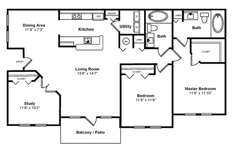 Floor plan for 3 beds, 2 baths, 1368 sqft
