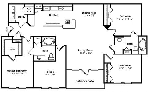 Floor plan for 3 beds, 2 baths, 1579 sqft
