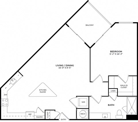 Floor plan for 1 bed, 1 bath, 729 sqft