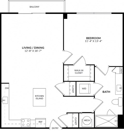 Floor plan for 1 bed, 1 bath, 704 sqft