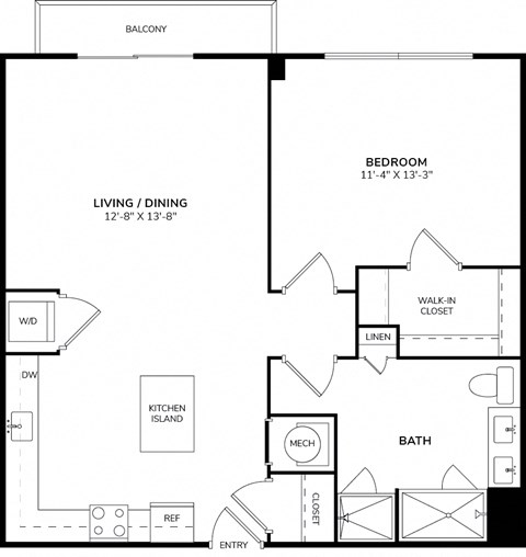 Floor plan for 1 bed, 1 bath, 788 sqft