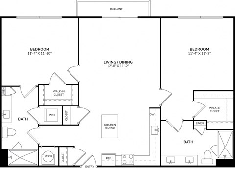 Floor plan for 2 beds, 2 baths, 970 sqft
