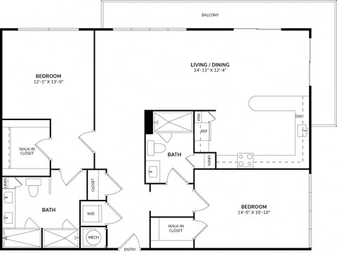 Floor plan for 2 beds, 2 baths, 1263 sqft