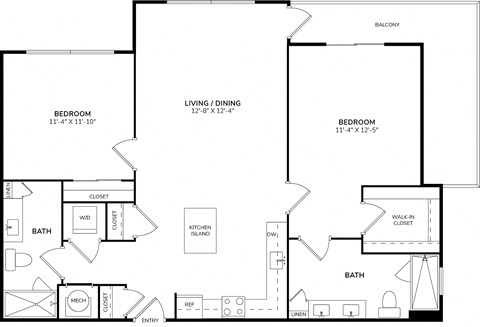 Floor plan for 2 beds, 2 baths, 1073 sqft