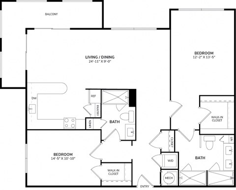 Floor plan for 2 beds, 2 baths, 1323 sqft
