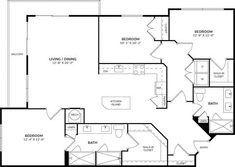 Floor plan for 3 beds, 2 baths, 1384 sqft