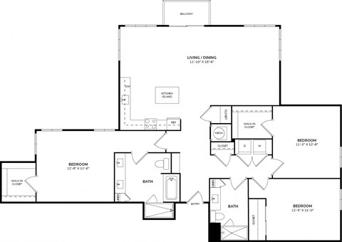 Floor plan for 3 beds, 2 baths, 1455 sqft