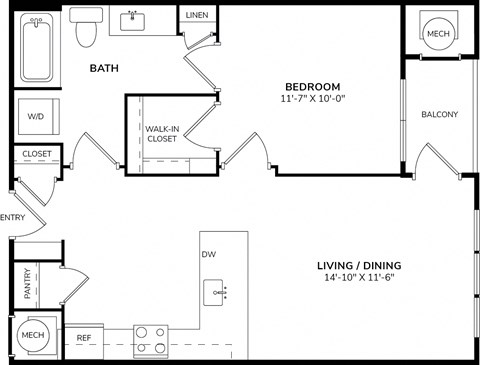 Floor plan for 1 bed, 1 bath, 704 sqft