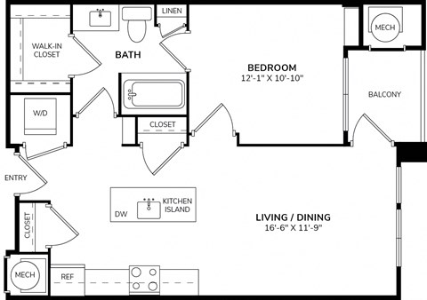 Floor plan for 1 bed, 1 bath, 756 sqft