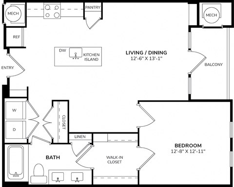 Floor plan for 1 bed, 1 bath, 833 sqft