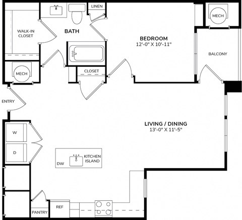 Floor plan for 1 bed, 1 bath, 867 sqft
