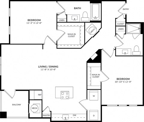 Floor plan for 2 beds, 2 baths, 1138 sqft