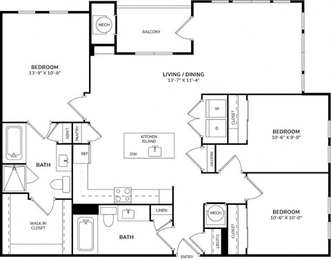 Floor plan for 3 beds, 2 baths, 1397 sqft