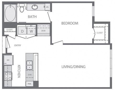 Floor plan for 1 bed, 1 bath, 708 sqft