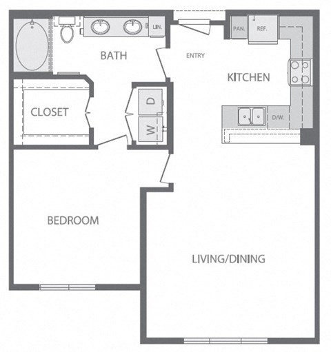 Floor plan for 1 bed, 1 bath, 825 sqft
