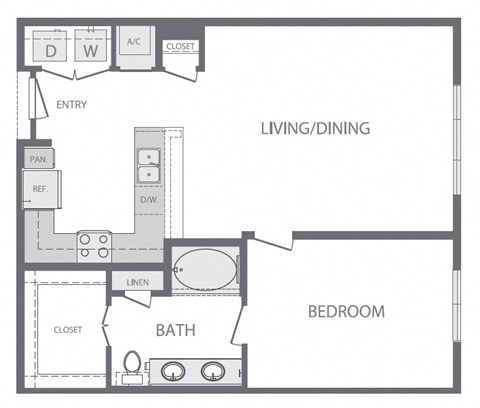 Floor plan for 1 bed, 1 bath, 859 sqft