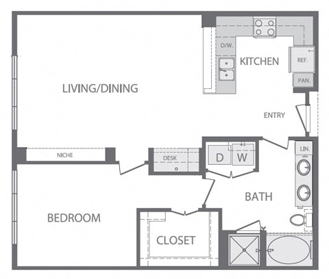 Floor plan for 1 bed, 1 bath, 860 sqft